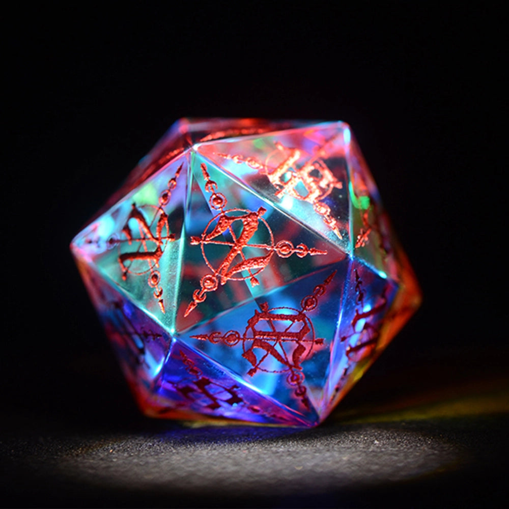Moon Magic Sigil K9 Engraved Dichroic Prism Glass Dice Set