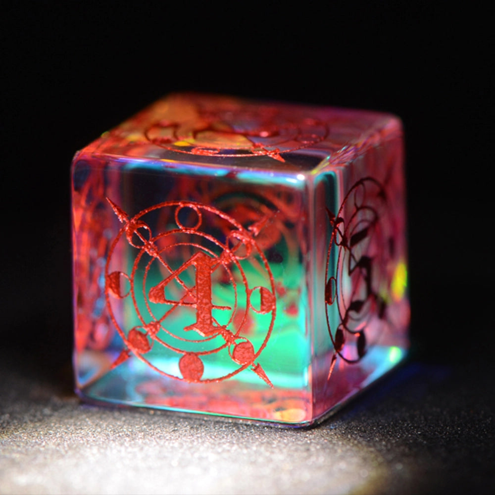 Moon Magic Sigil K9 Engraved Dichroic Prism Glass Dice Set