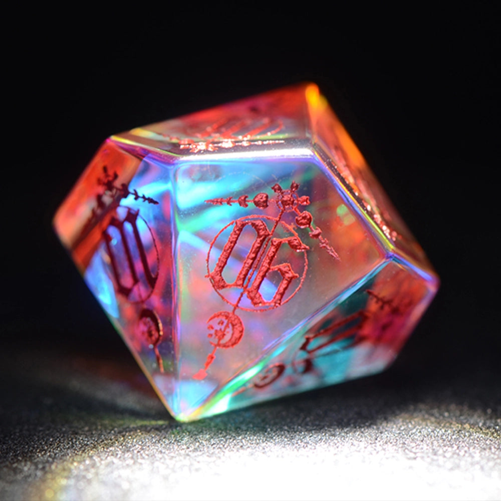 Moon Magic Sigil K9 Engraved Dichroic Prism Glass Dice Set