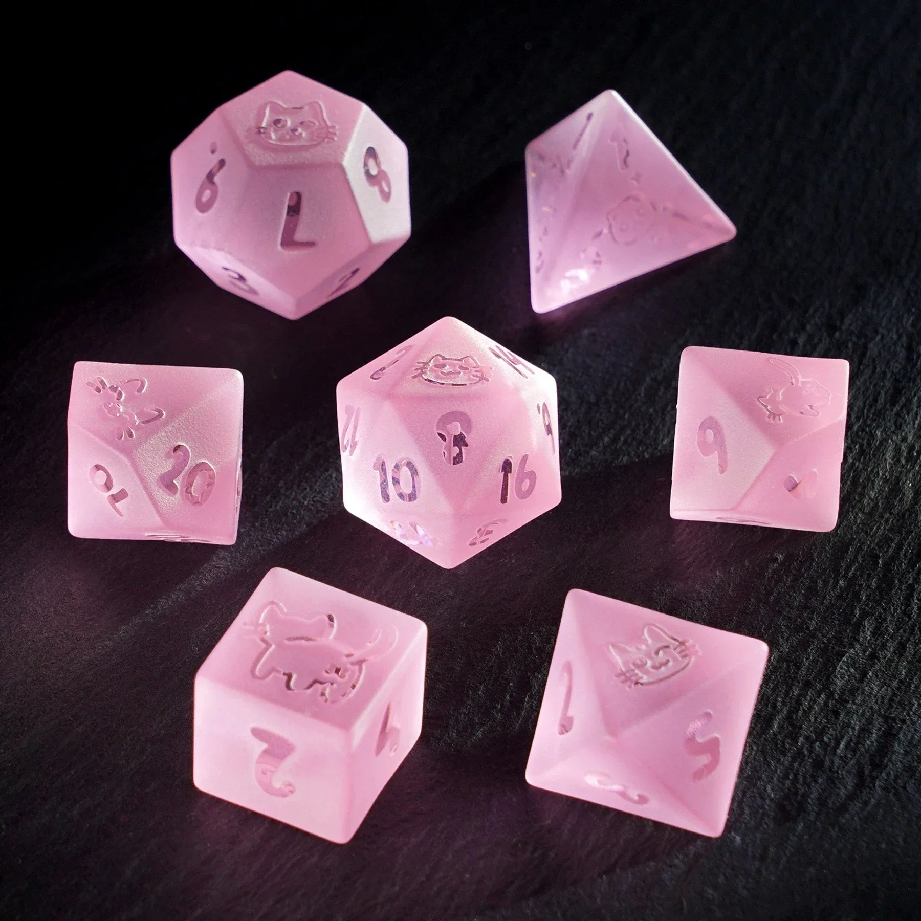 Kitty Pink Engraved Frosted Glass Dice Set