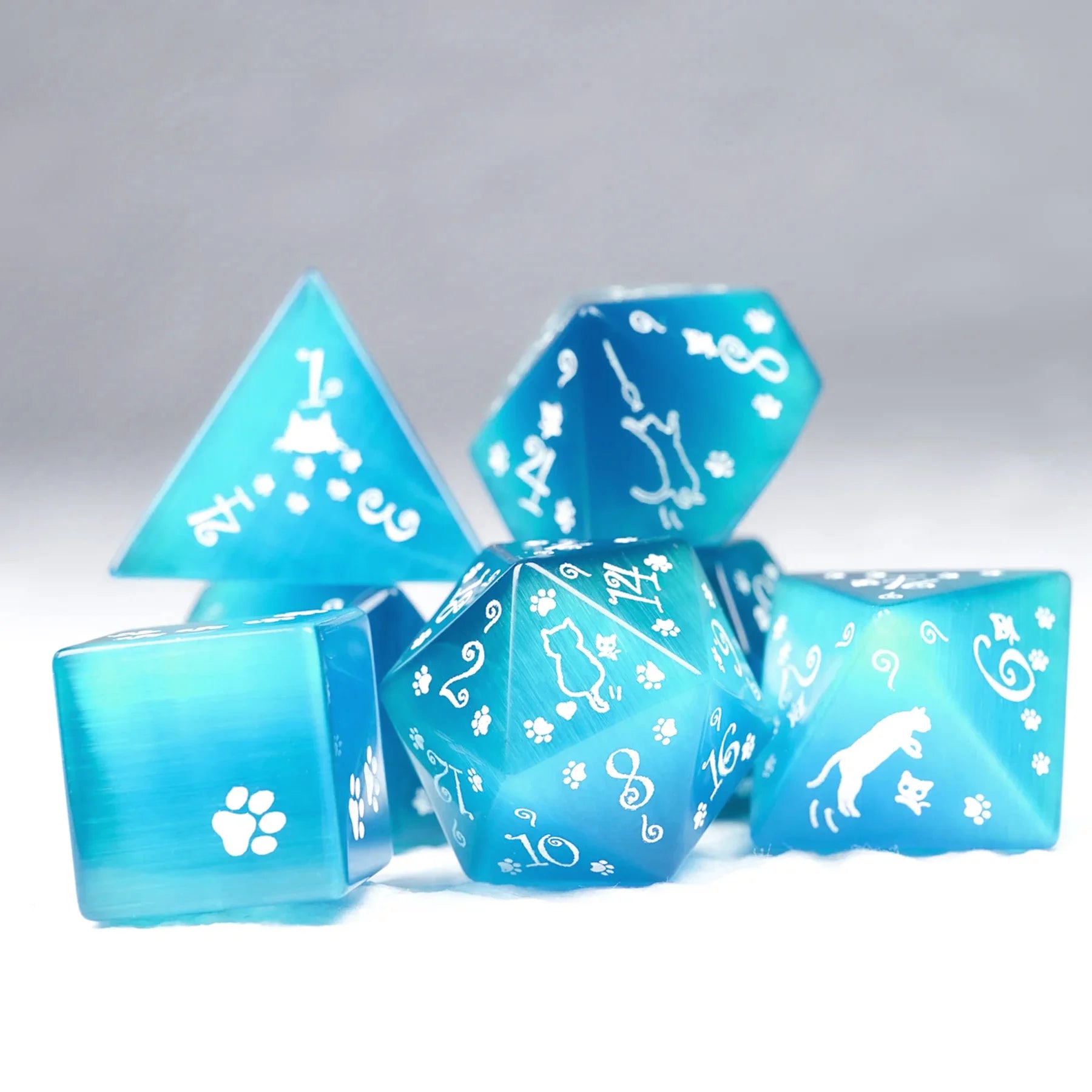 Aurora’s Cloud Chase · Light Blue Cat’s Engraved Gemstone Dice Set