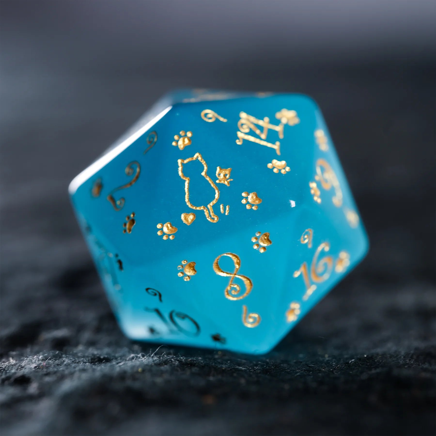 Aurora’s Cloud Chase · Light Blue Cat’s Engraved Gemstone Dice Set