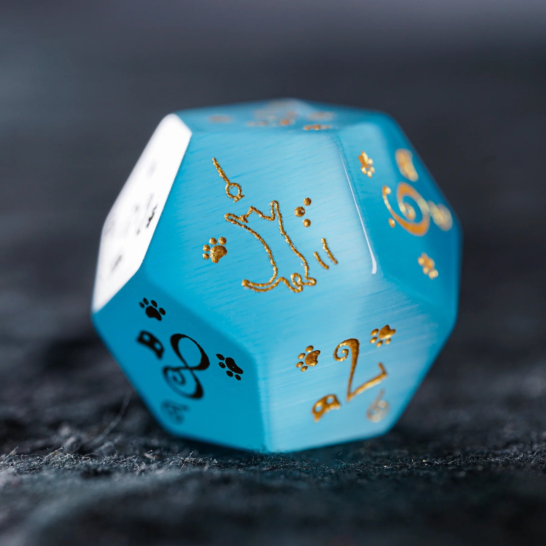 Aurora’s Cloud Chase · Light Blue Cat’s Engraved Gemstone Dice Set
