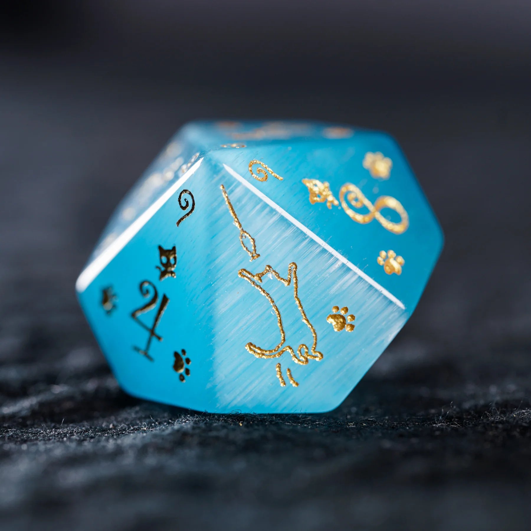 Aurora’s Cloud Chase · Light Blue Cat’s Engraved Gemstone Dice Set
