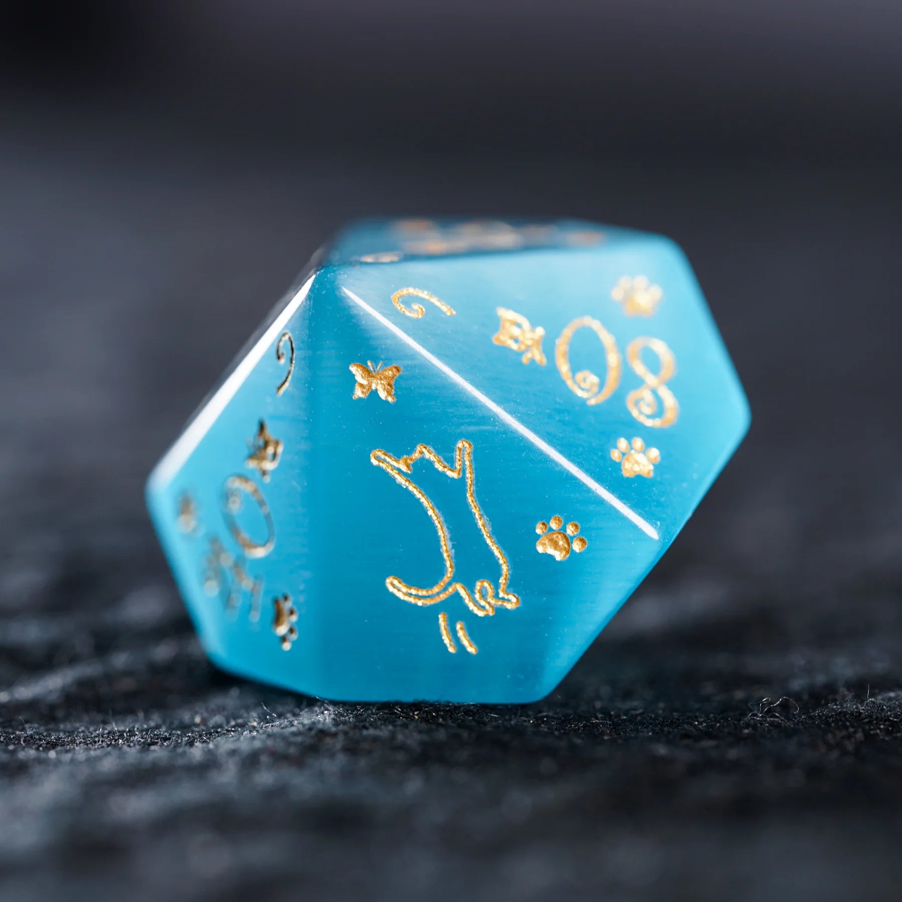 Aurora’s Cloud Chase · Light Blue Cat’s Engraved Gemstone Dice Set