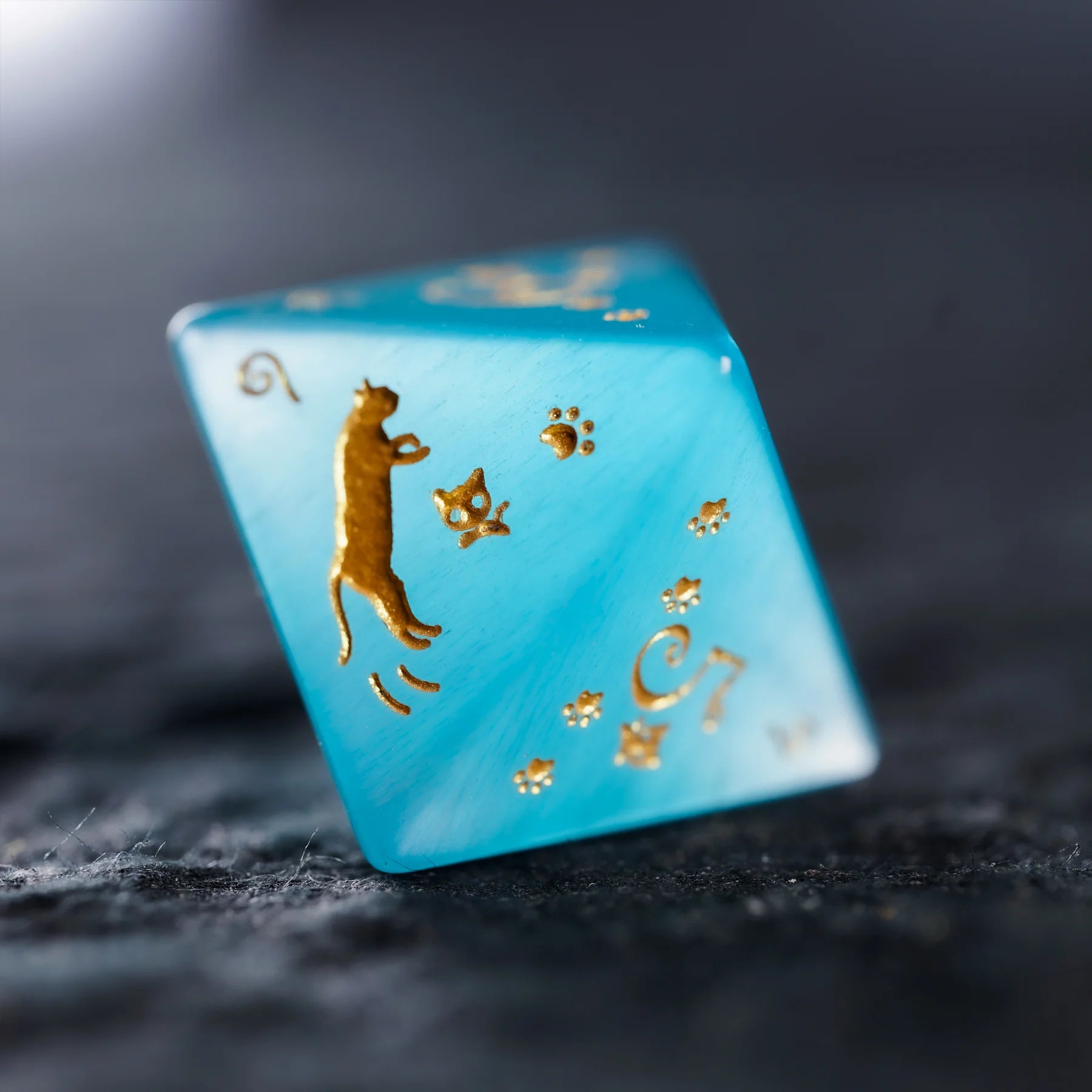Aurora’s Cloud Chase · Light Blue Cat’s Engraved Gemstone Dice Set