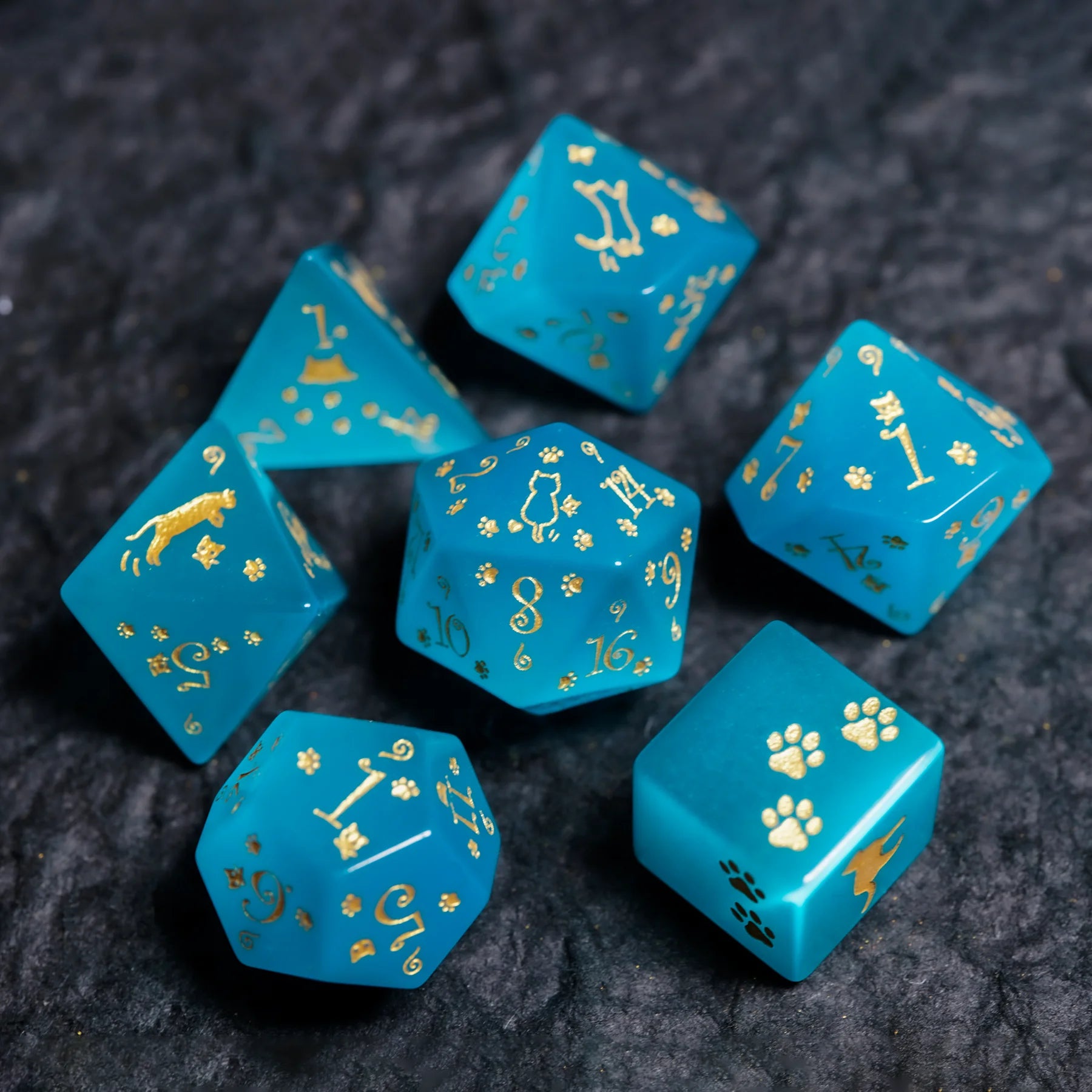 Aurora’s Cloud Chase · Light Blue Cat’s Engraved Gemstone Dice Set