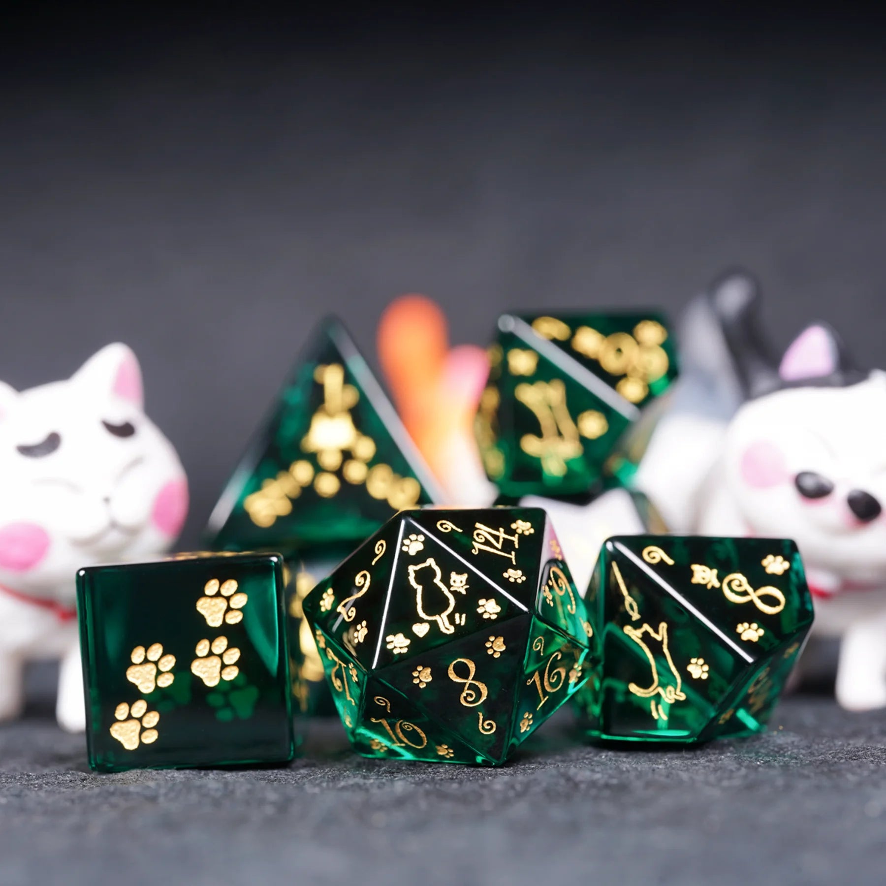 Aurora’s Forest Stroll · Dark Green Engraved Glass Dice Set