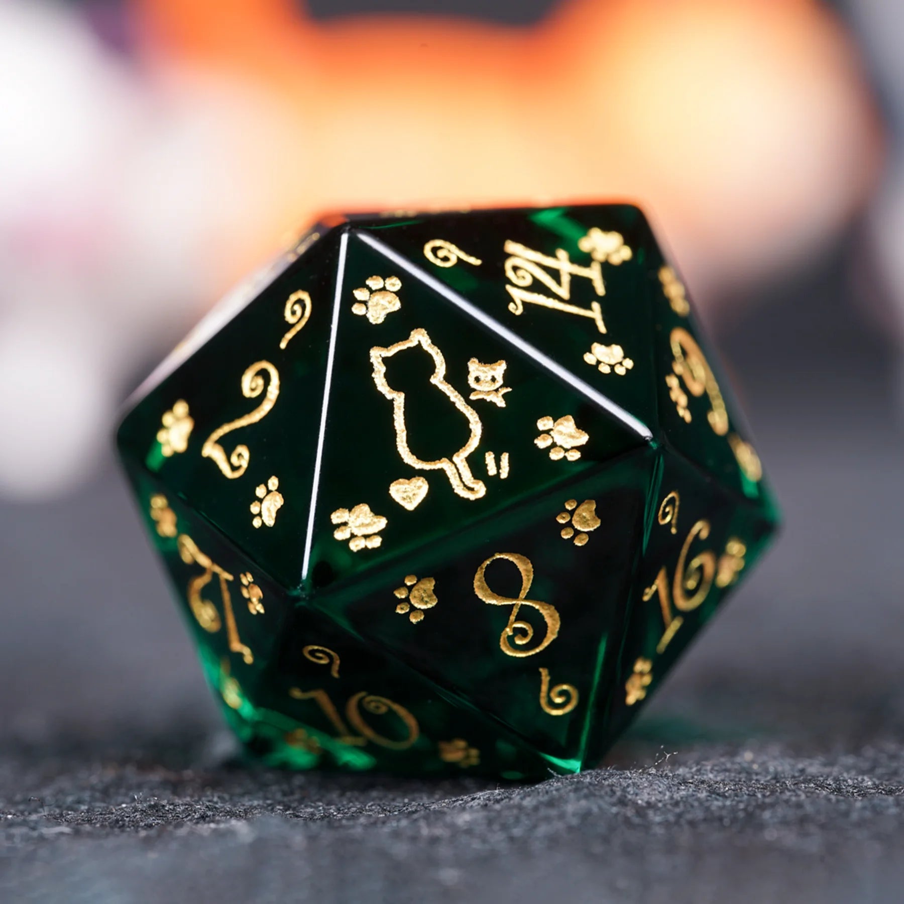 Aurora’s Forest Stroll · Dark Green Engraved Glass Dice Set