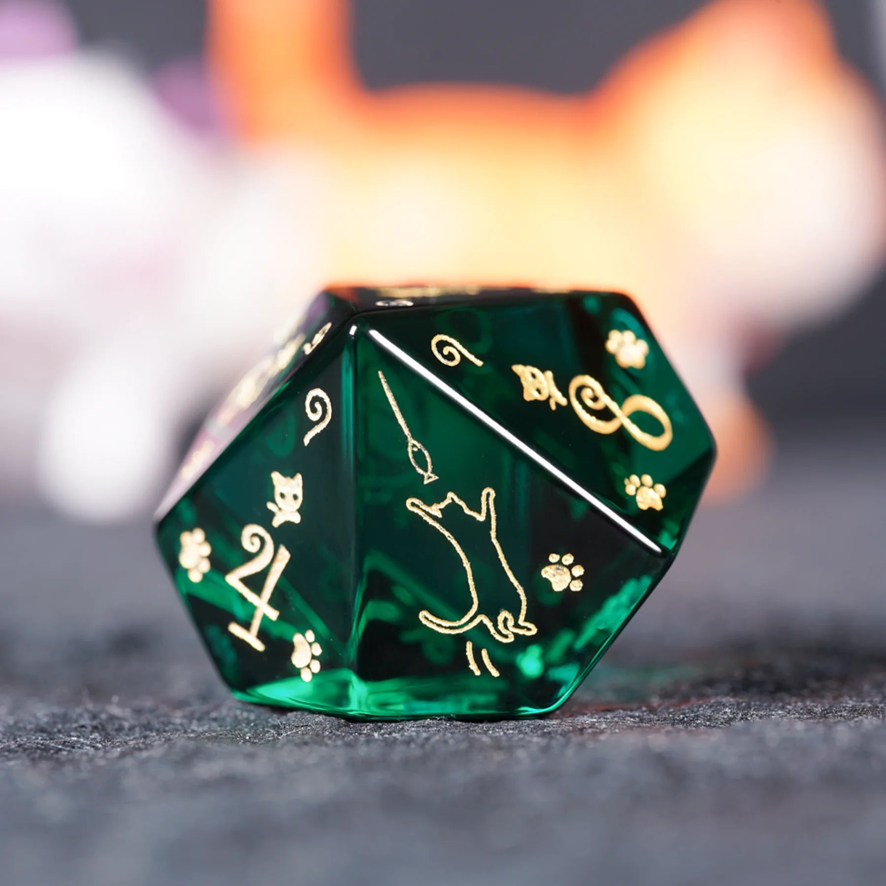 Aurora’s Forest Stroll · Dark Green Engraved Glass Dice Set