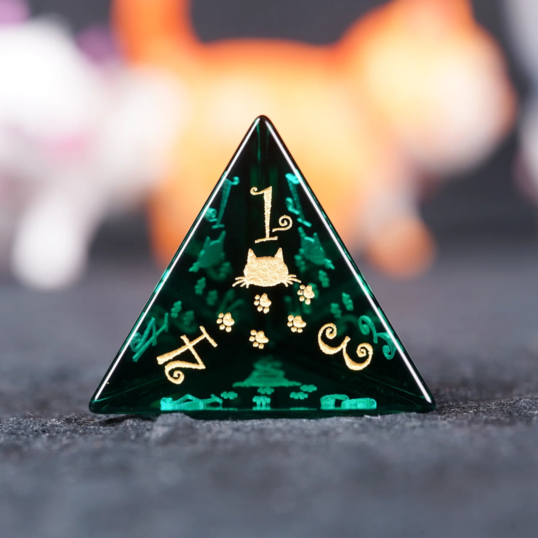 Aurora’s Forest Stroll · Dark Green Engraved Glass Dice Set