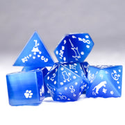 Aurora’s Midnight Watch · Royal Blue Cat’s Eye Engraved Gemstone Dice Set