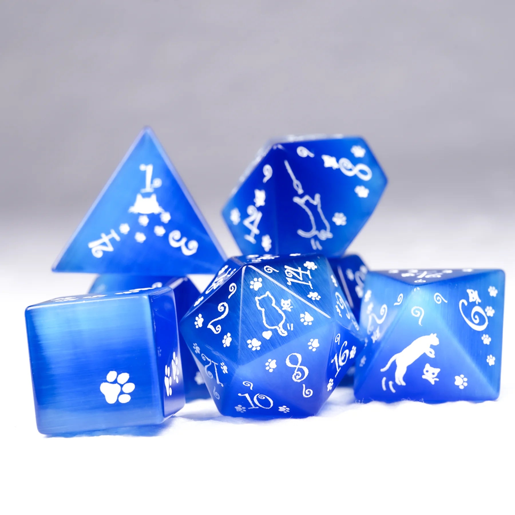 Aurora’s Midnight Watch · Royal Blue Cat’s Eye Engraved Gemstone Dice Set