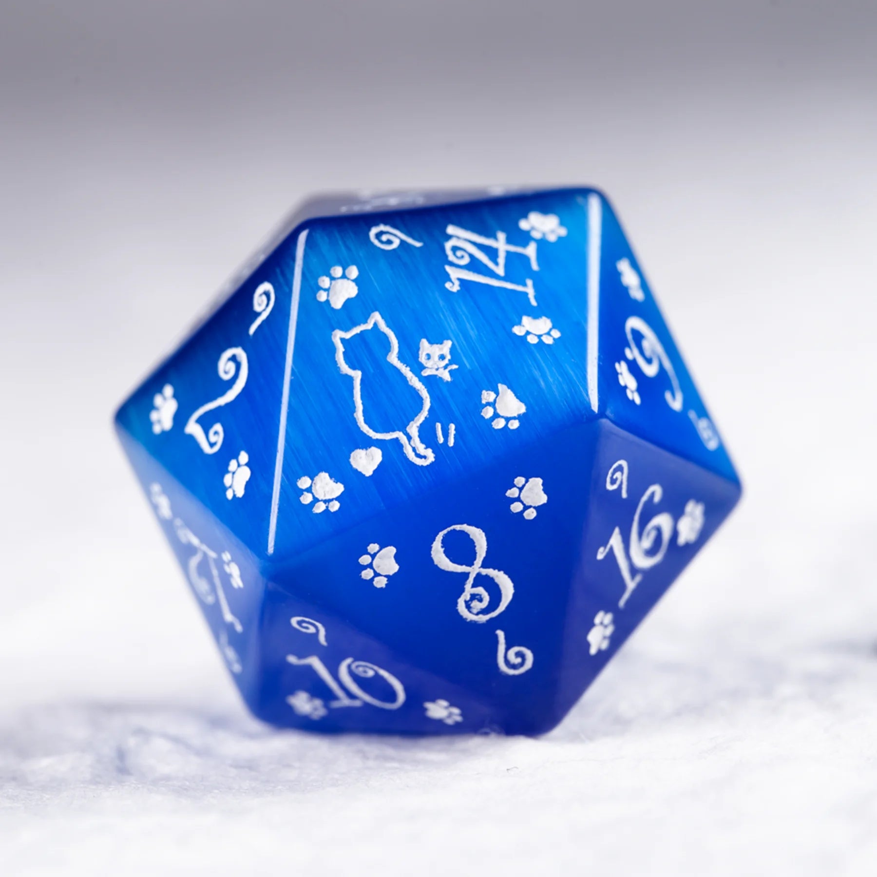Aurora’s Midnight Watch · Royal Blue Cat’s Eye Engraved Gemstone Dice Set