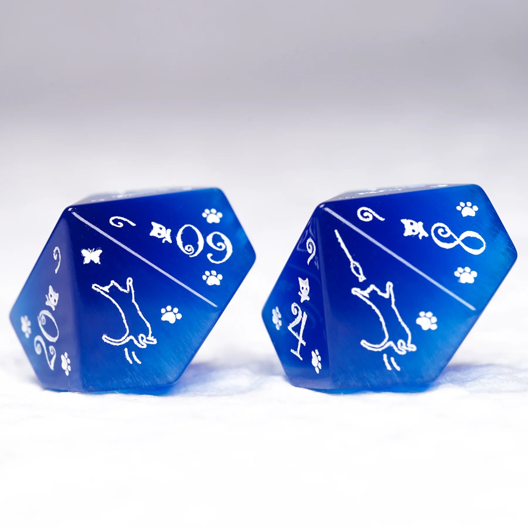Aurora’s Midnight Watch · Royal Blue Cat’s Eye Engraved Gemstone Dice Set