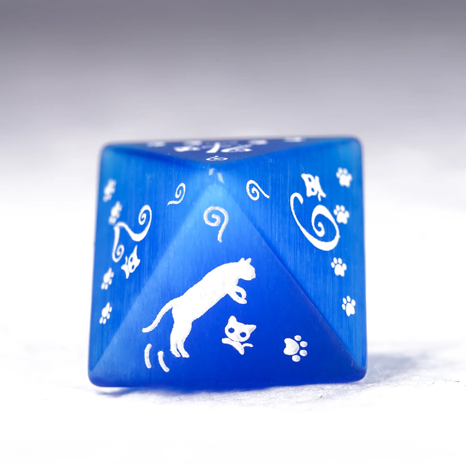 Aurora’s Midnight Watch · Royal Blue Cat’s Eye Engraved Gemstone Dice Set