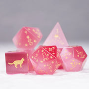 Aurora’s Sweet Nap · Pink Cat’s Eye Engraved Gemstone Dice Set