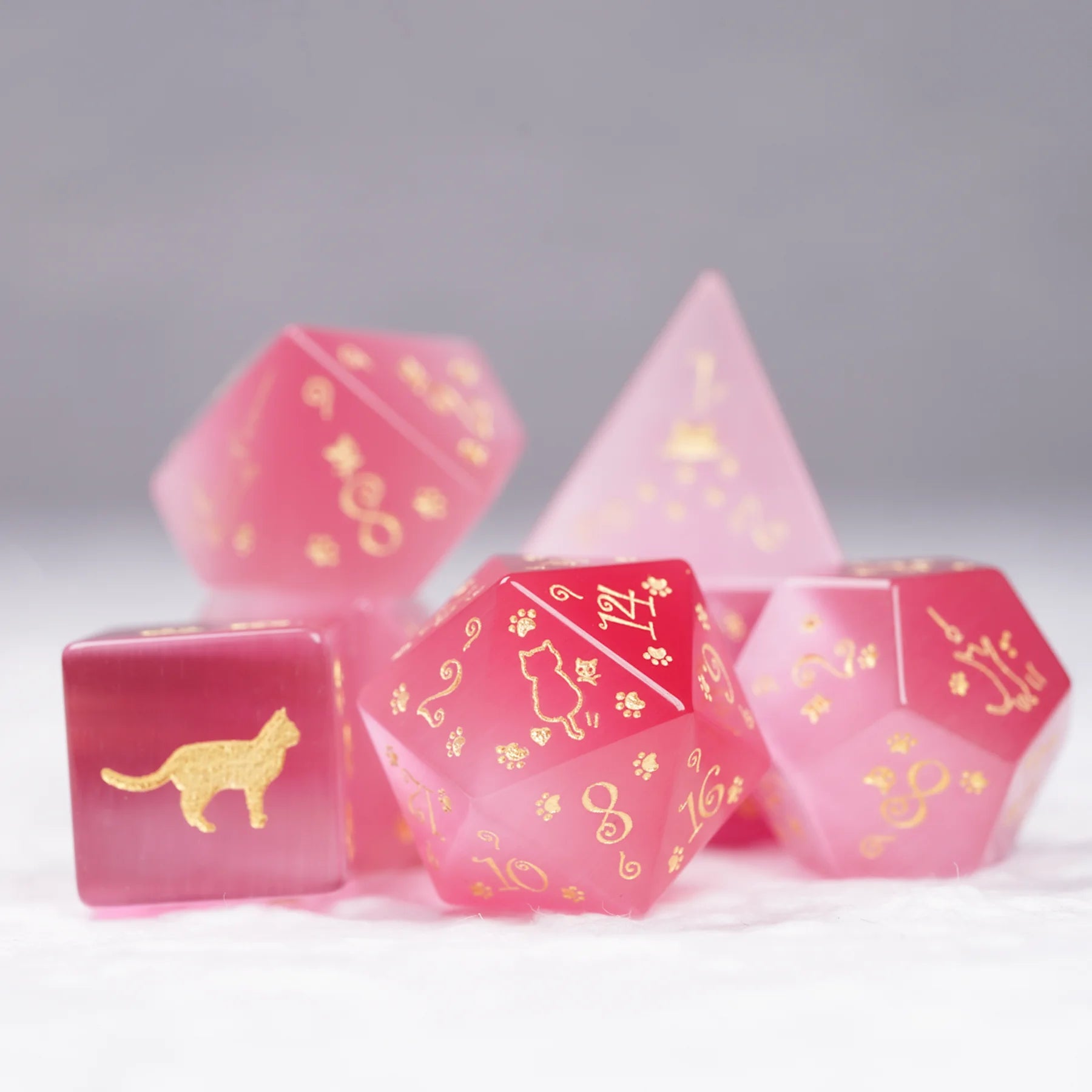 Aurora’s Sweet Nap · Pink Cat’s Eye Engraved Gemstone Dice Set