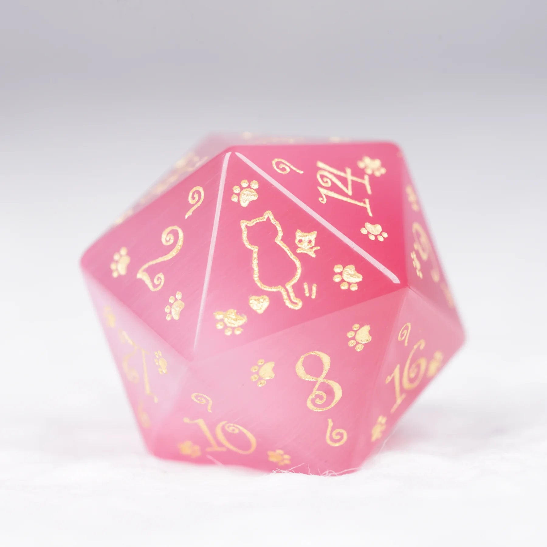 Aurora’s Sweet Nap · Pink Cat’s Eye Engraved Gemstone Dice Set