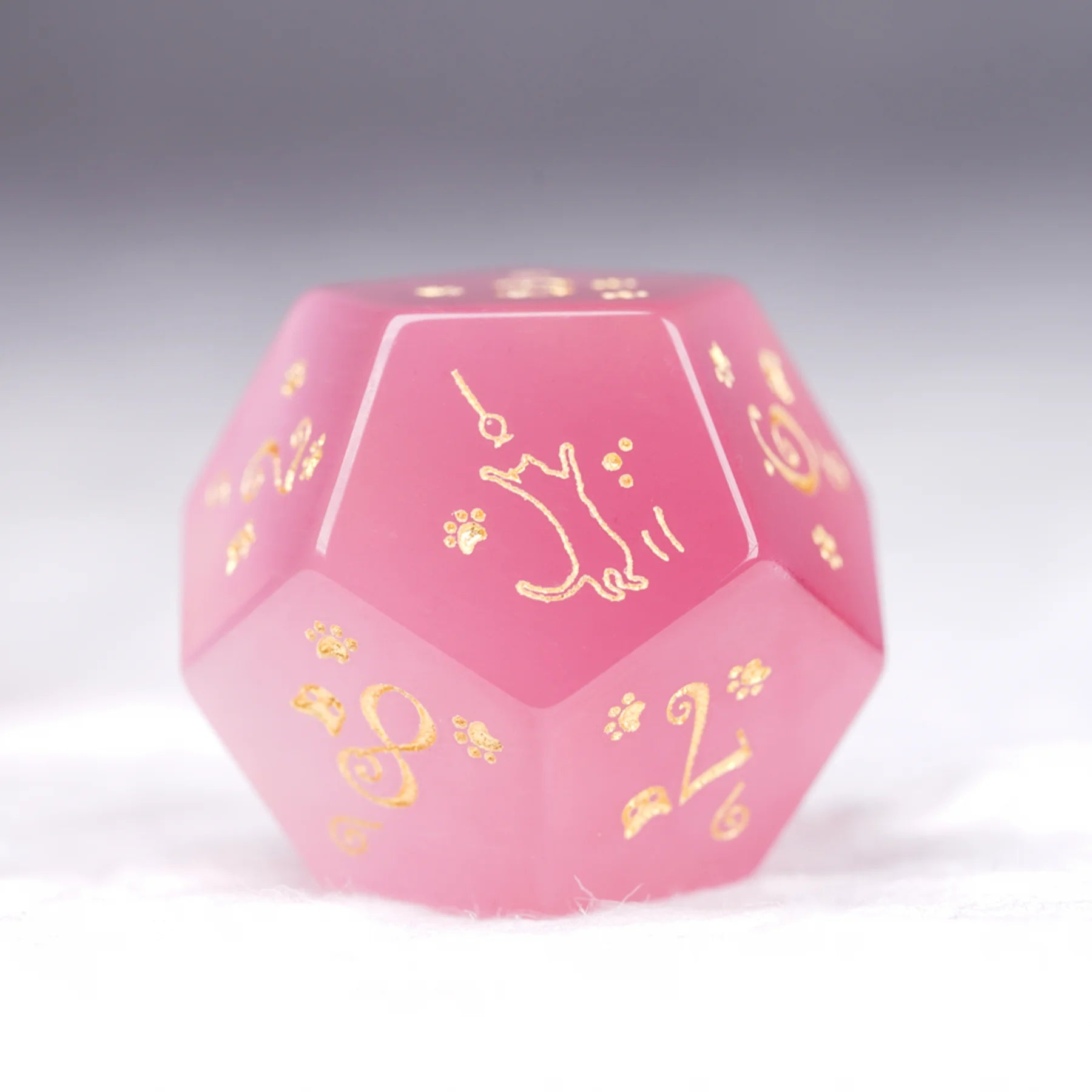 Aurora’s Sweet Nap · Pink Cat’s Eye Engraved Gemstone Dice Set