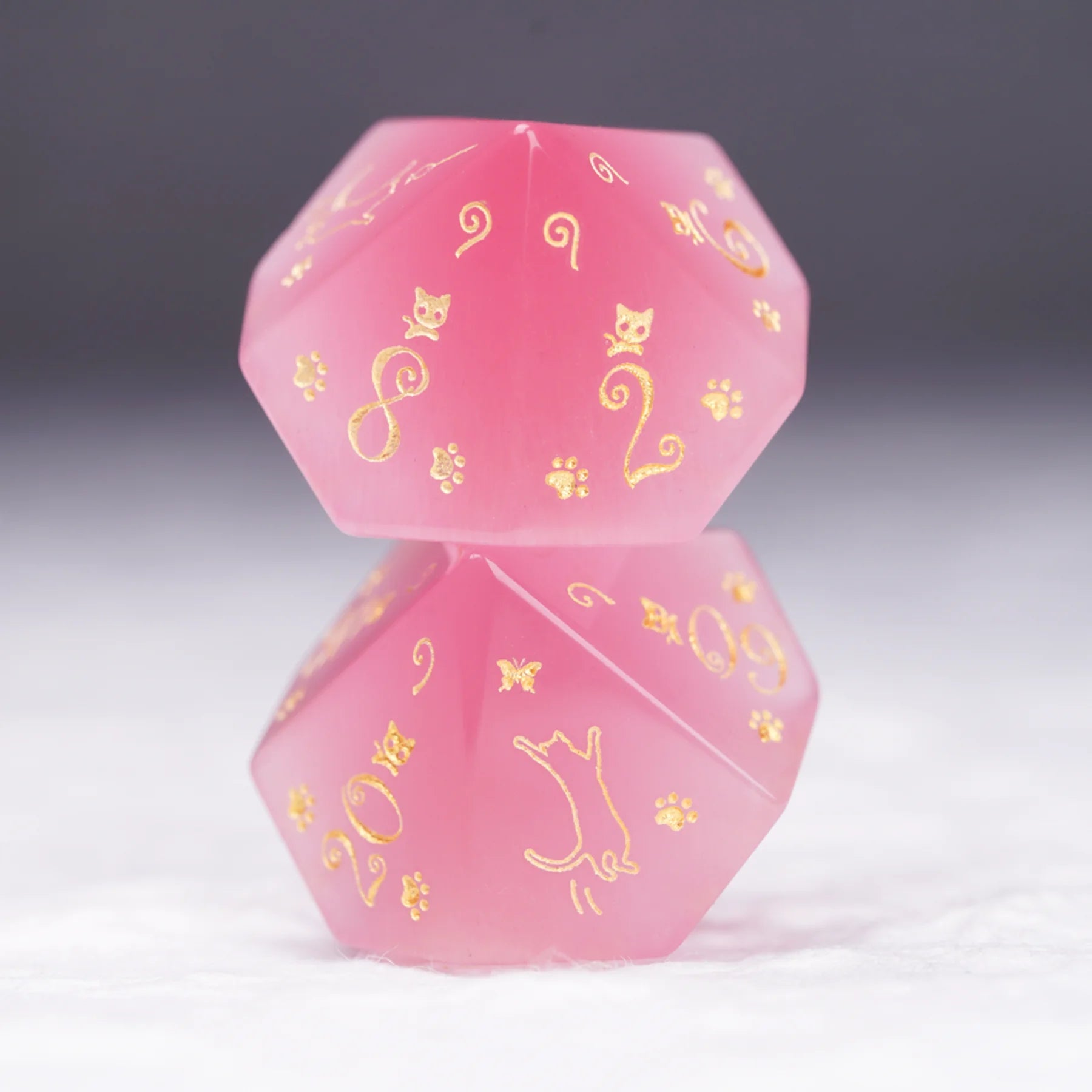 Aurora’s Sweet Nap · Pink Cat’s Eye Engraved Gemstone Dice Set