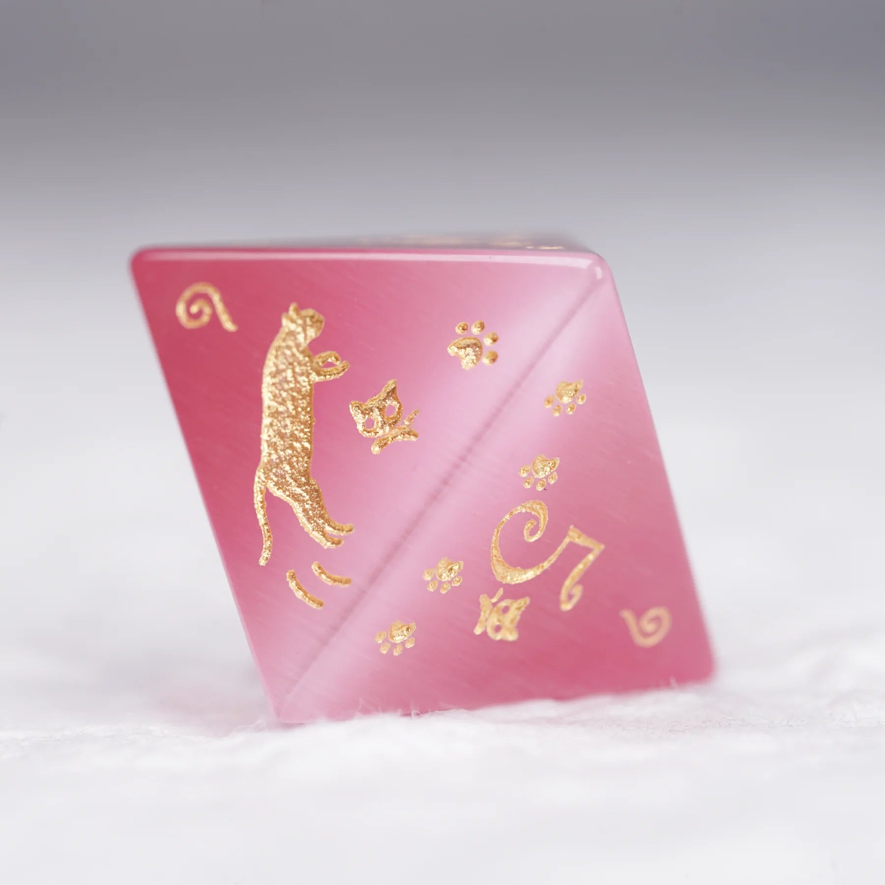 Aurora’s Sweet Nap · Pink Cat’s Eye Engraved Gemstone Dice Set