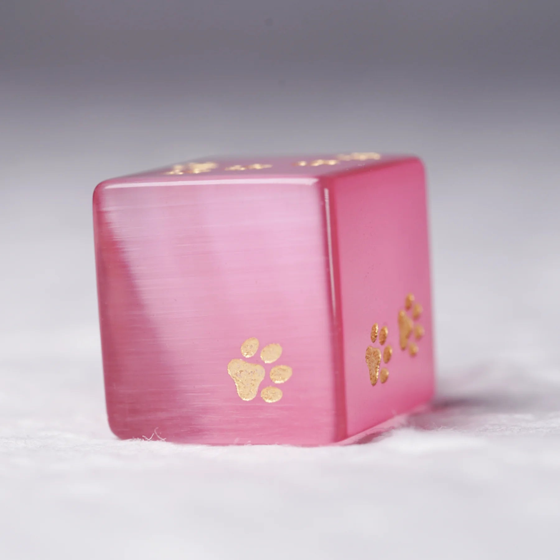 Aurora’s Sweet Nap · Pink Cat’s Eye Engraved Gemstone Dice Set