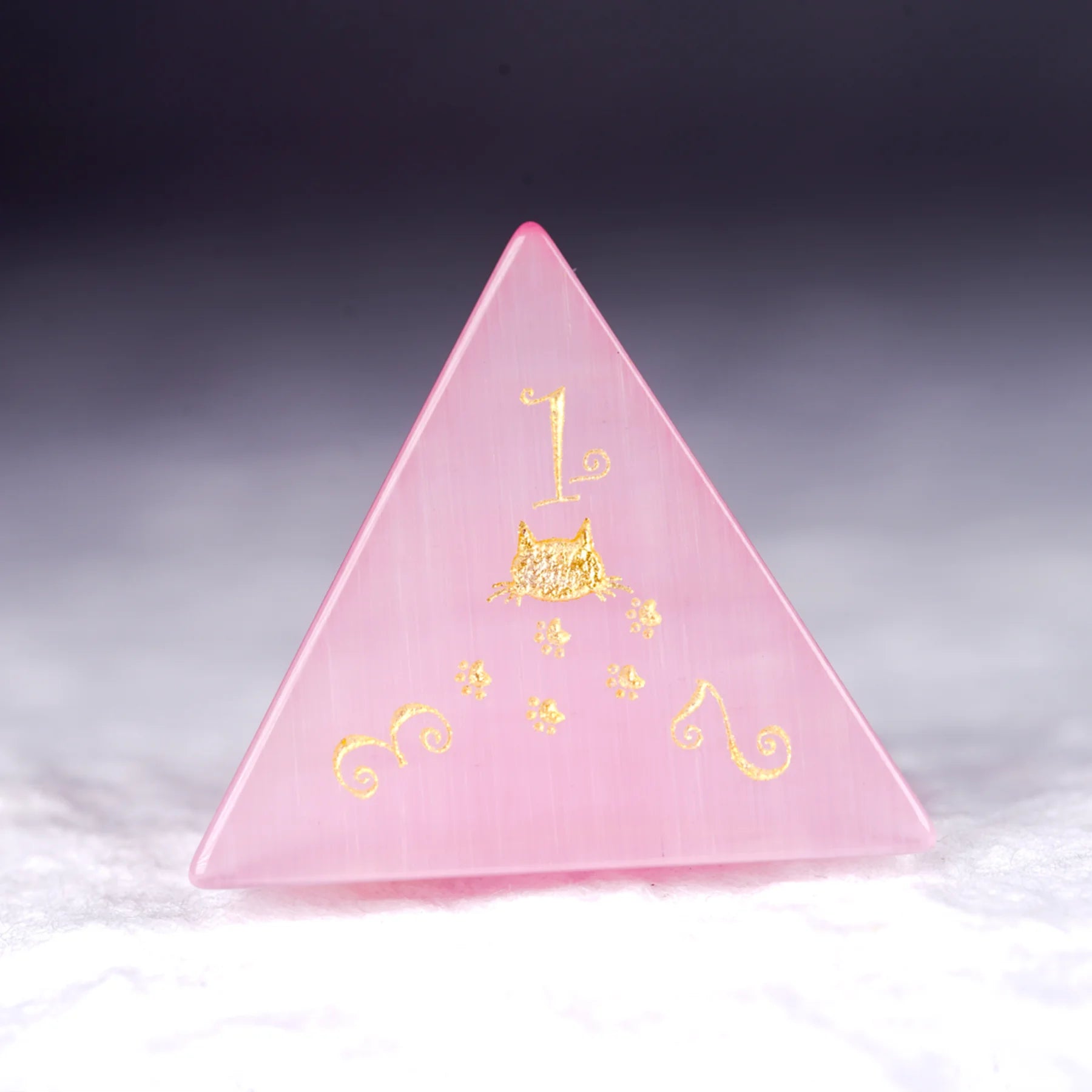 Aurora’s Sweet Nap · Pink Cat’s Eye Engraved Gemstone Dice Set