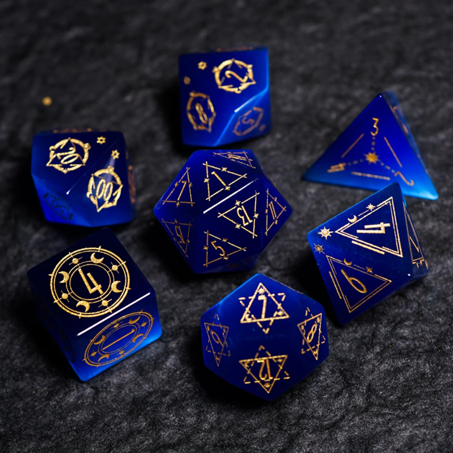 Celestial Palace · Oath of Wisdom · Royal Blue Cat’s Eye Dice Set