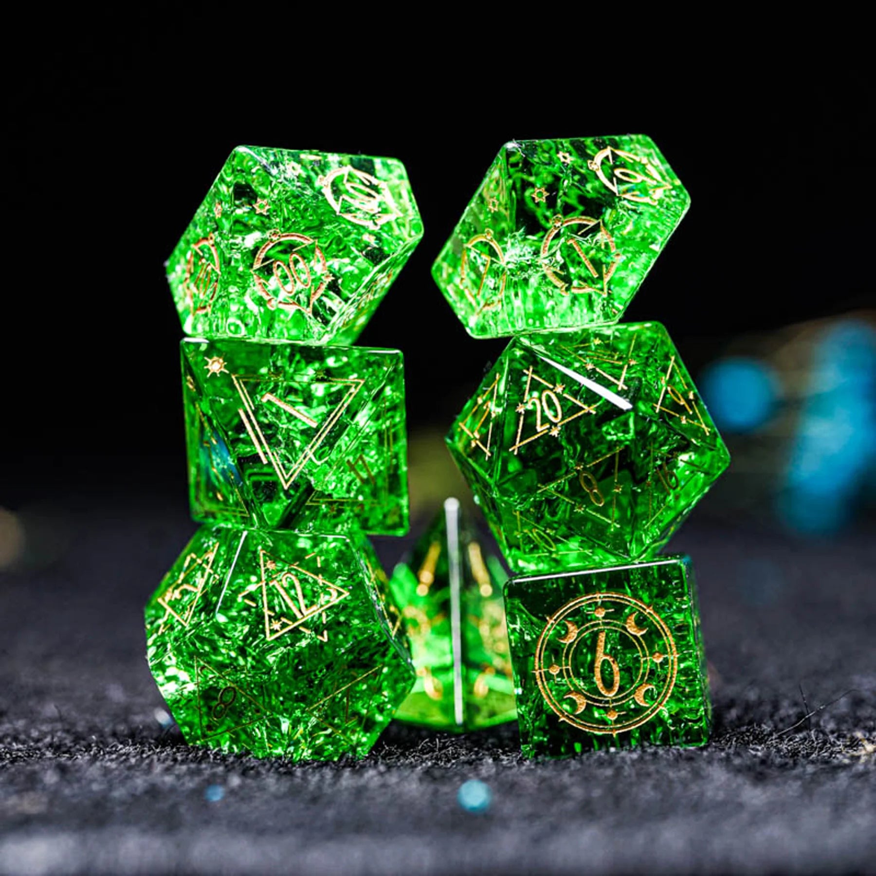 Celestial Palace · Pact of Renewal · Green Crackle Glass Dice Set