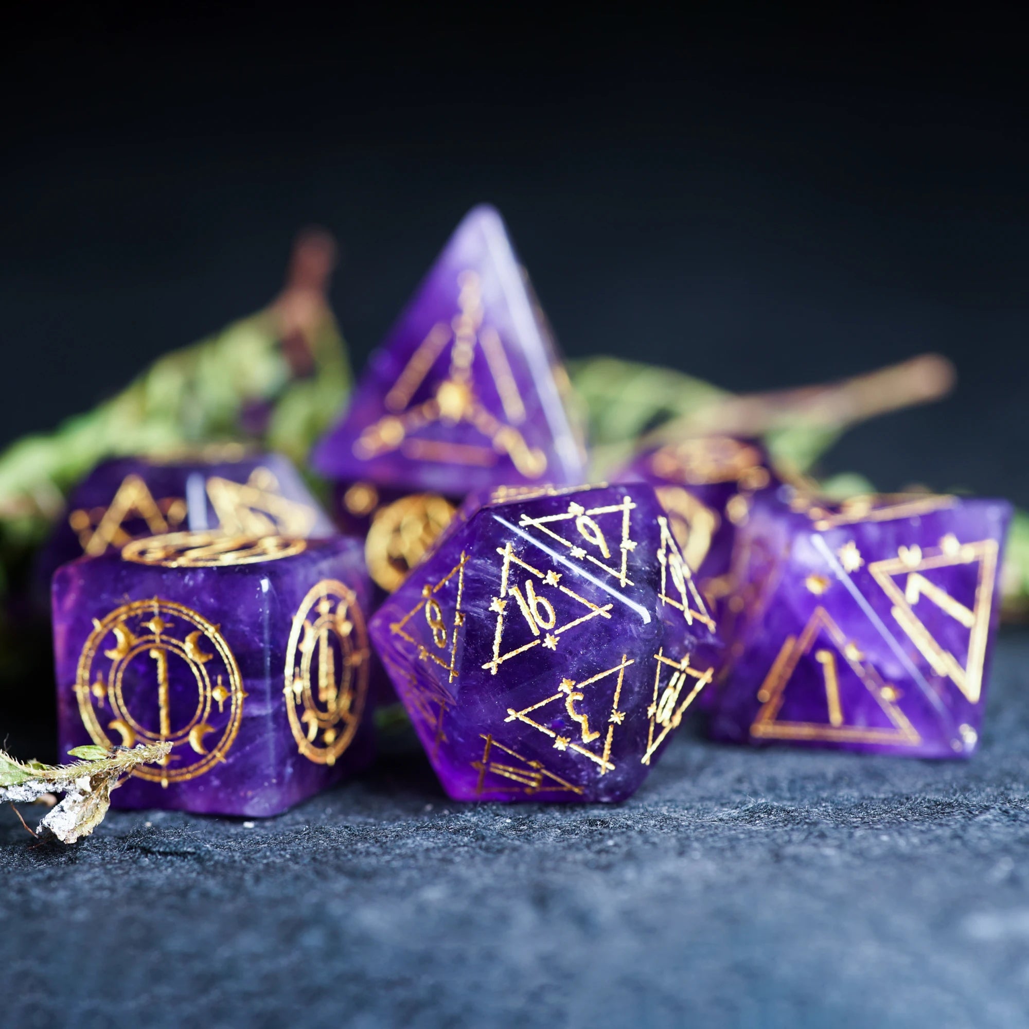 Celestial Palace · Reveler’s Dream · Amethyst Engraved Dice Set