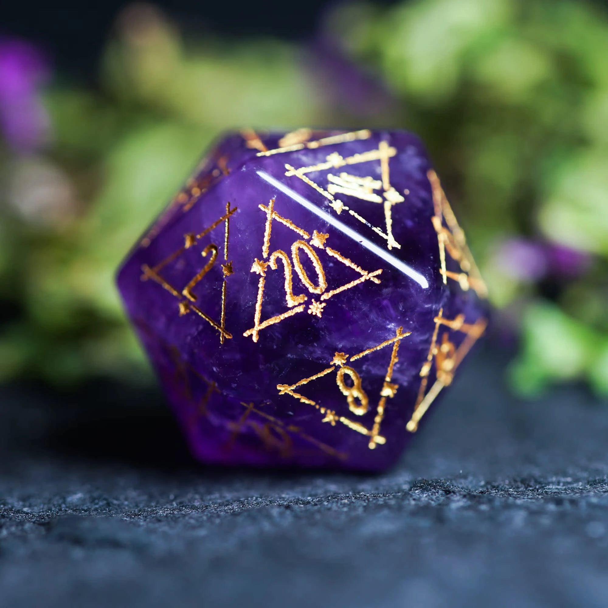 Celestial Palace · Reveler’s Dream · Amethyst Engraved Dice Set