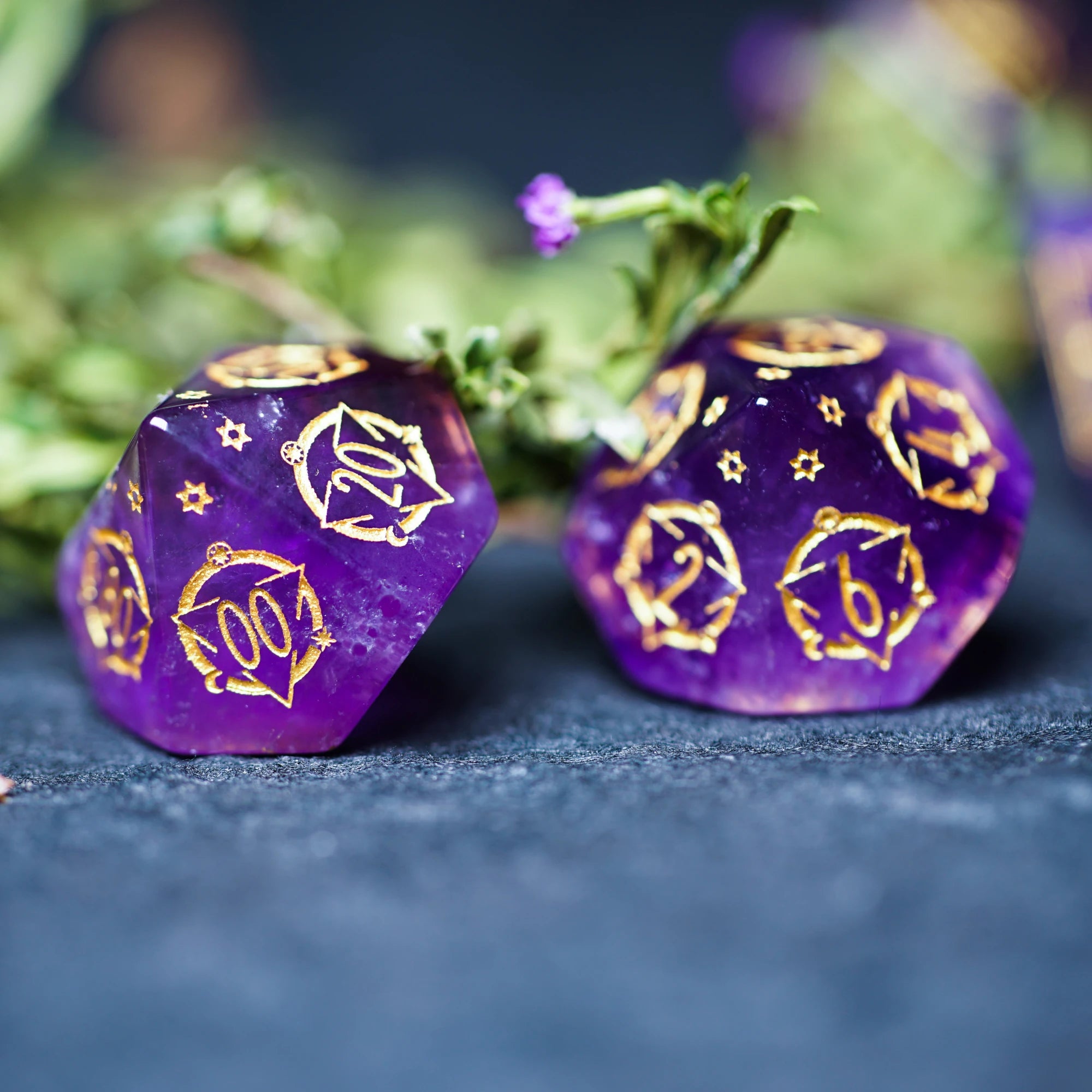 Celestial Palace · Reveler’s Dream · Amethyst Engraved Dice Set