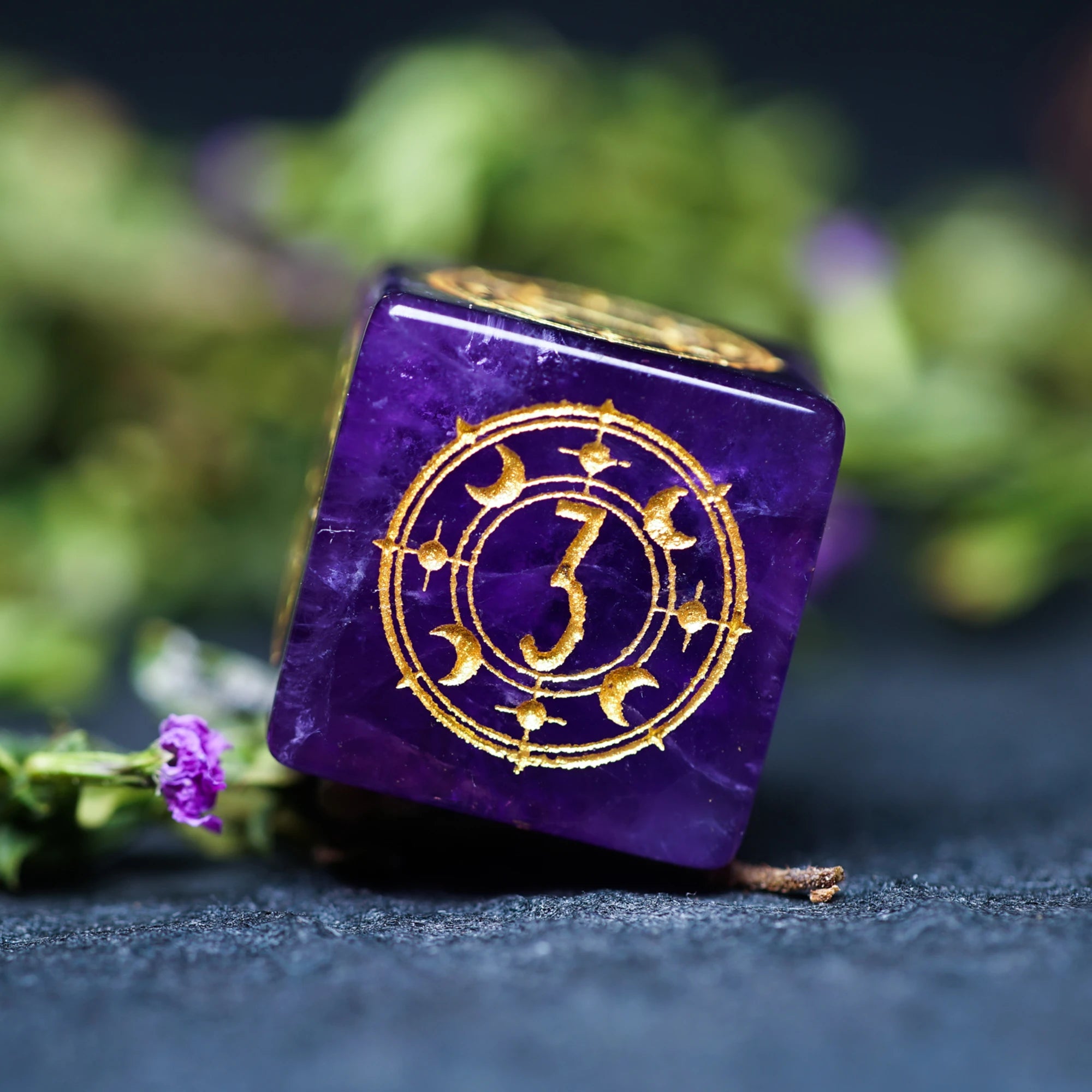 Celestial Palace · Reveler’s Dream · Amethyst Engraved Dice Set