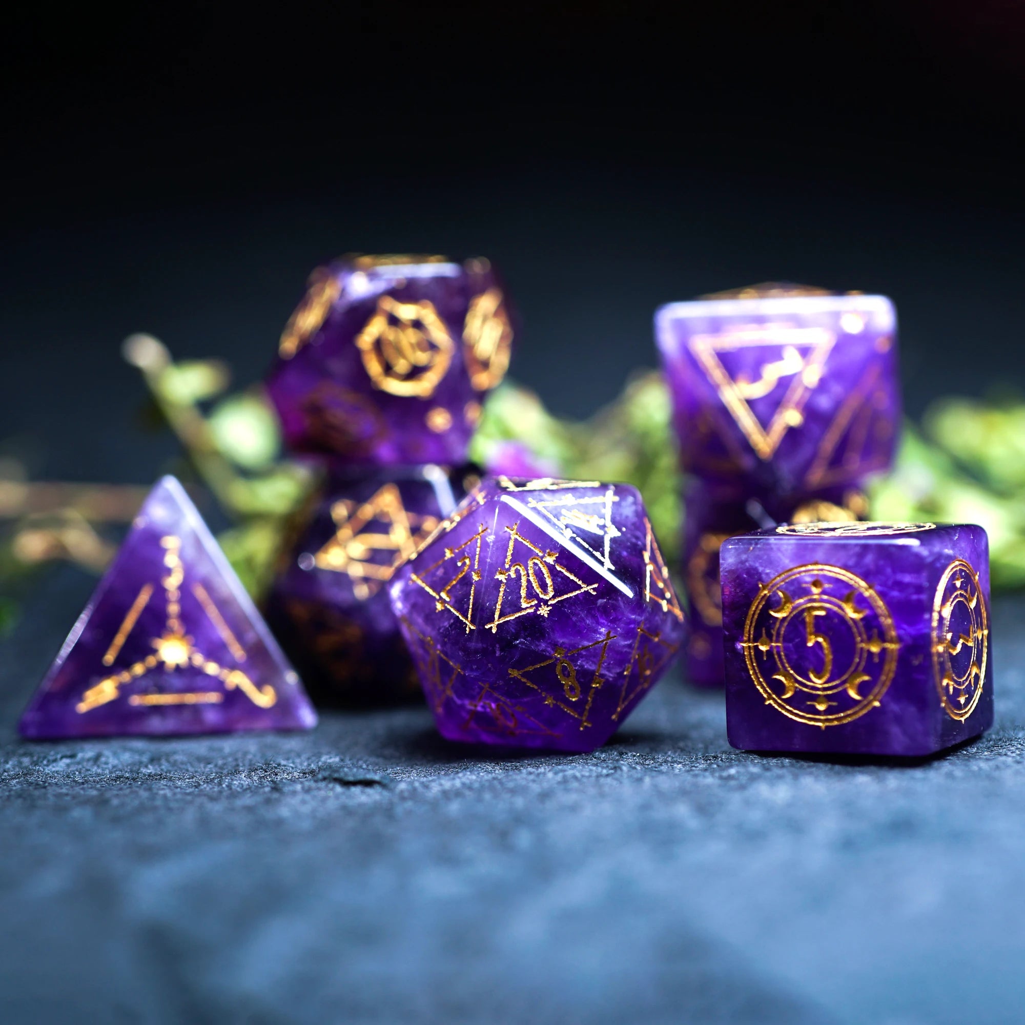 Celestial Palace · Reveler’s Dream · Amethyst Engraved Dice Set