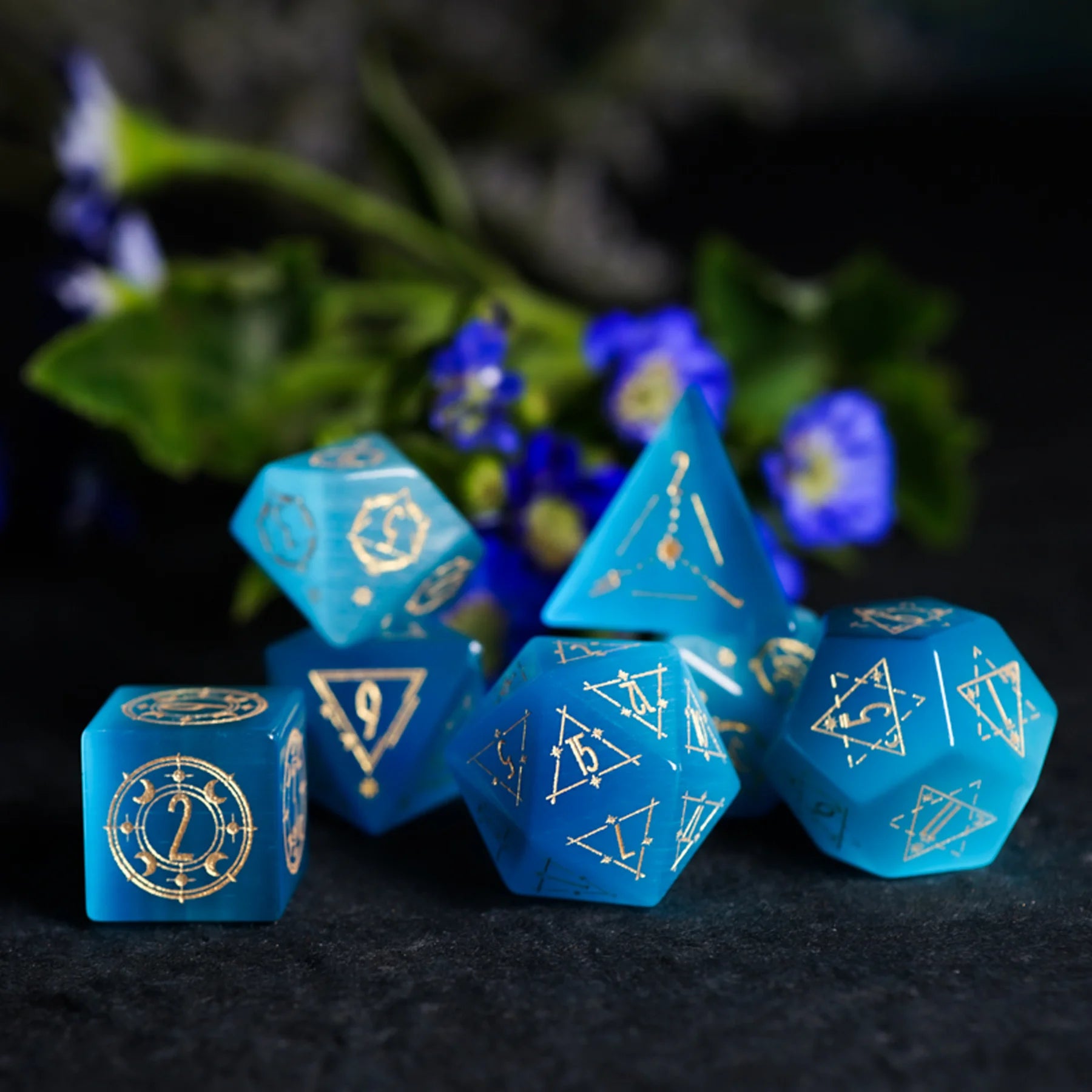Celestial Palace · Song of the Sirens · Aquamarine Cat’s Eye Dice Set