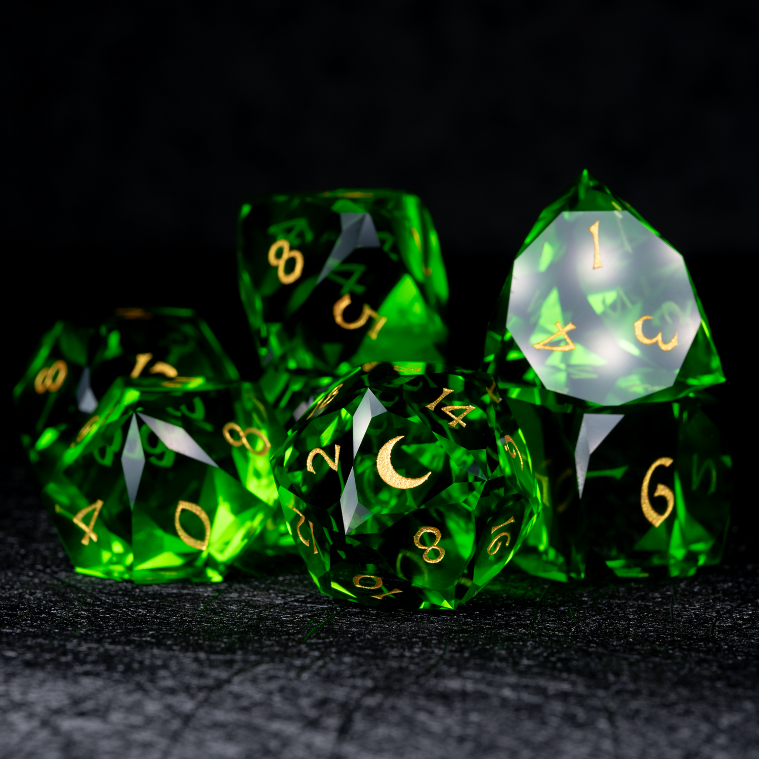 DragonStone D&D Green Multi-faceted Prism Glass Engraved Dice Set