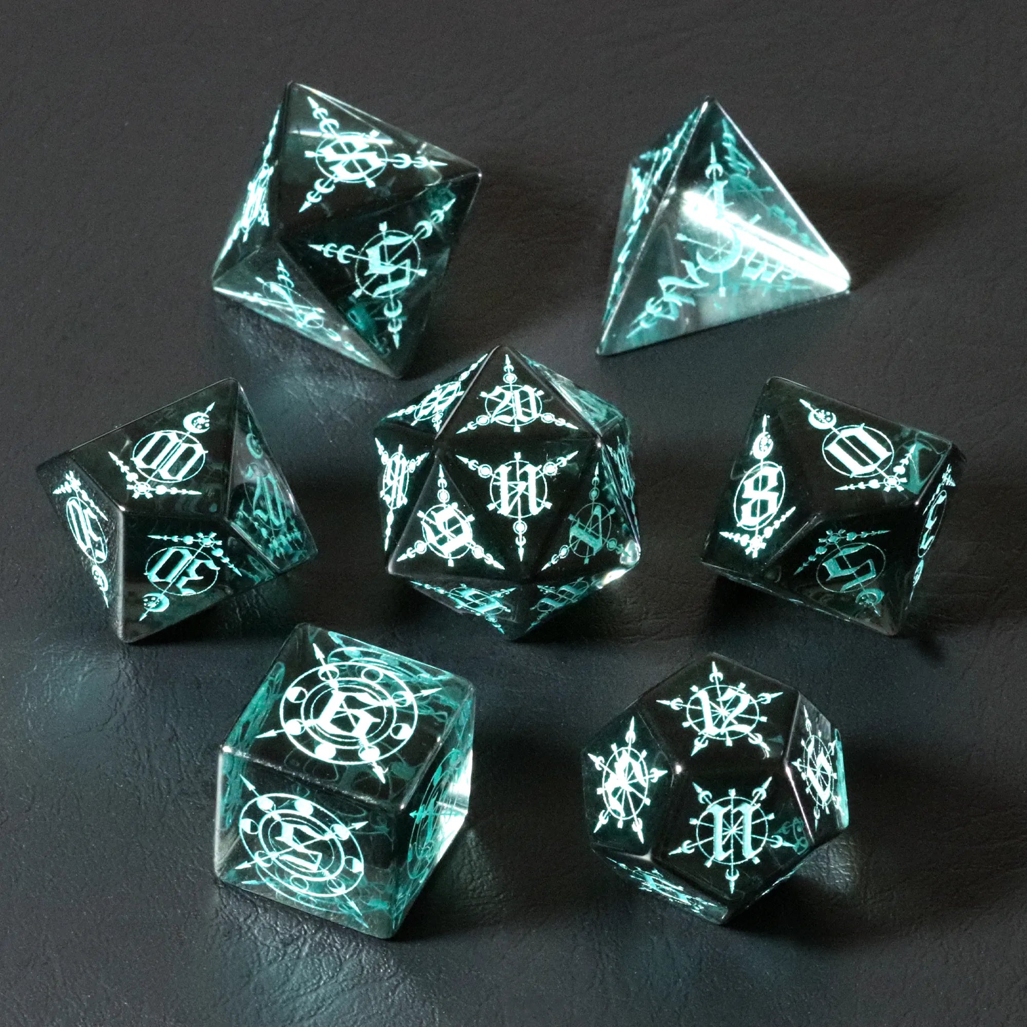 Moon Magic Sigil Gray Zircon Engraved Glass Dice Set