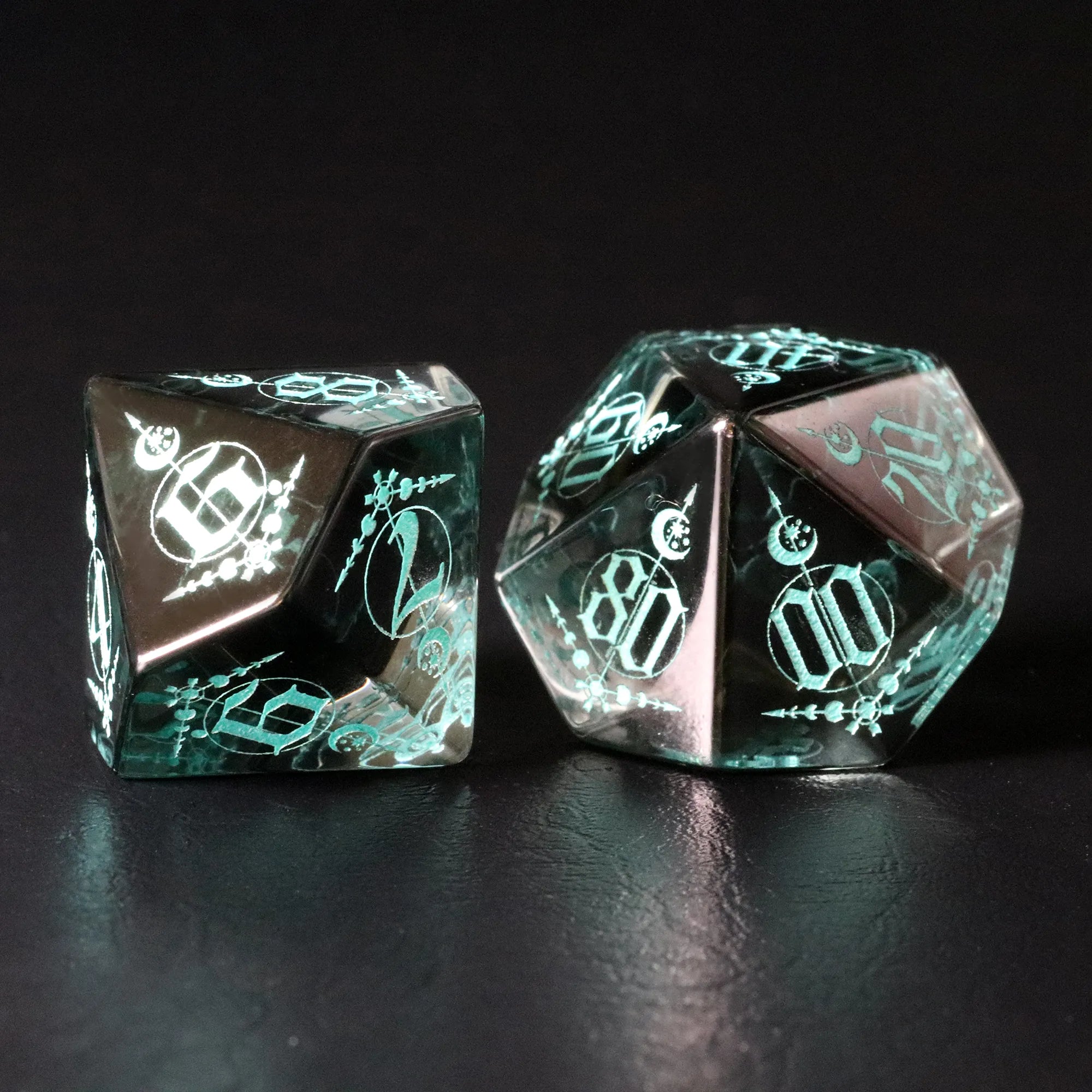 Moon Magic Sigil Gray Zircon Engraved Glass Dice Set