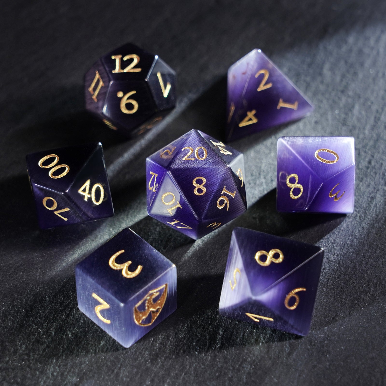 DragonStone Logo D&D Deep Purple Cat’s Eye Dice Set