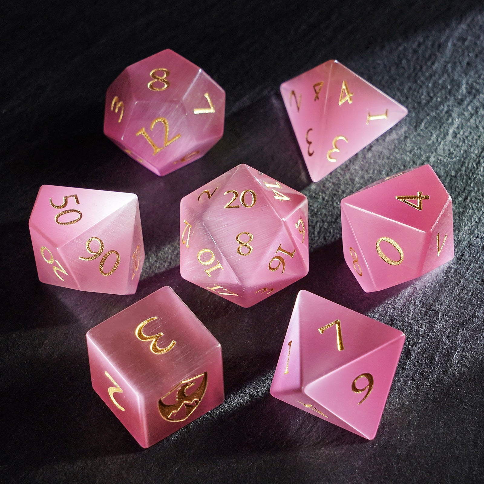 DragonStone Logo D&D Pink Cat's Eye Dice Set - DragonStone