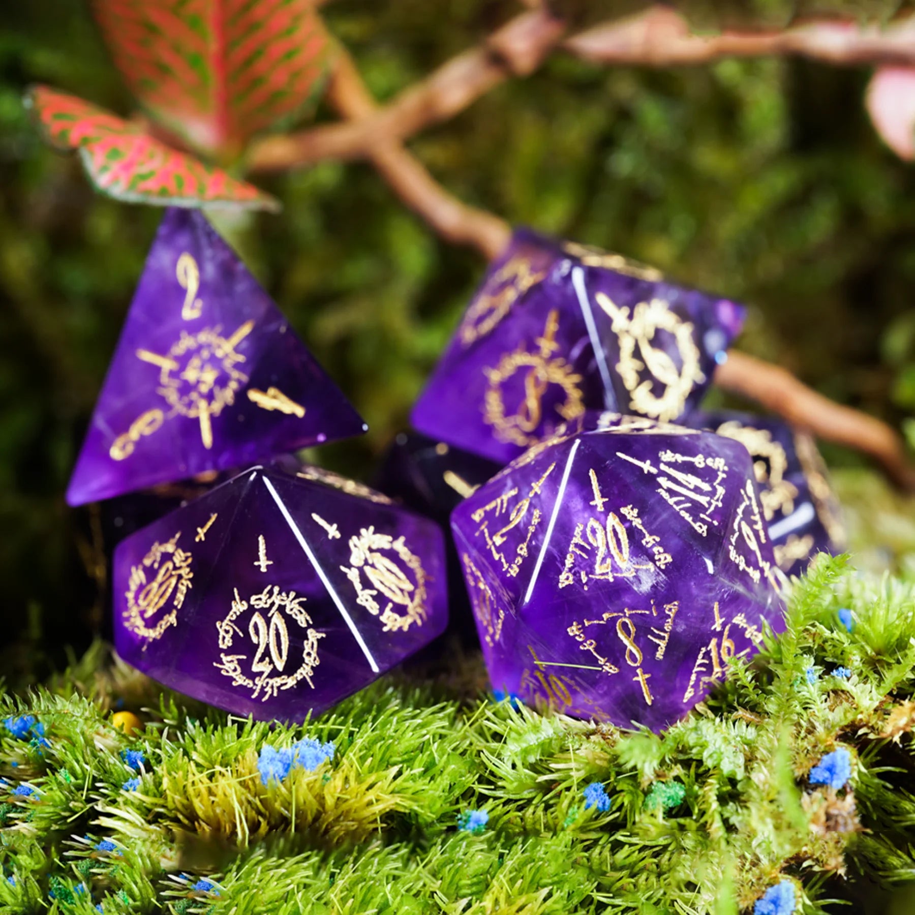 Dreamweaver · Amethyst Engraved Gemstone Dice Set