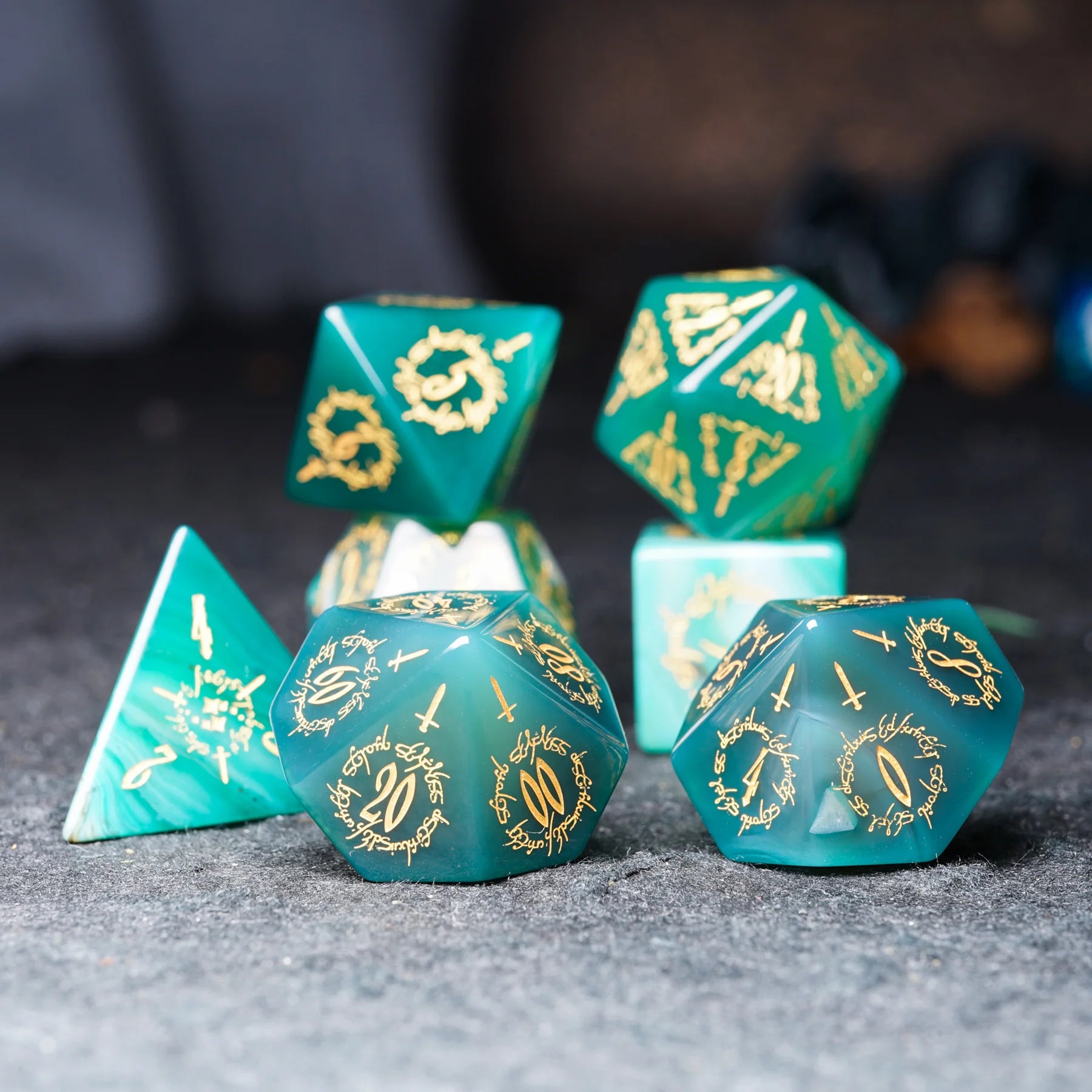 Jade Alchemist · Green Agate Engraved Gemstone Dice Set