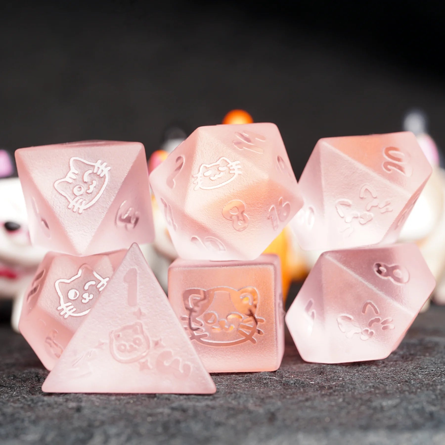Kitty Pink Engraved Frosted Glass Dice Set