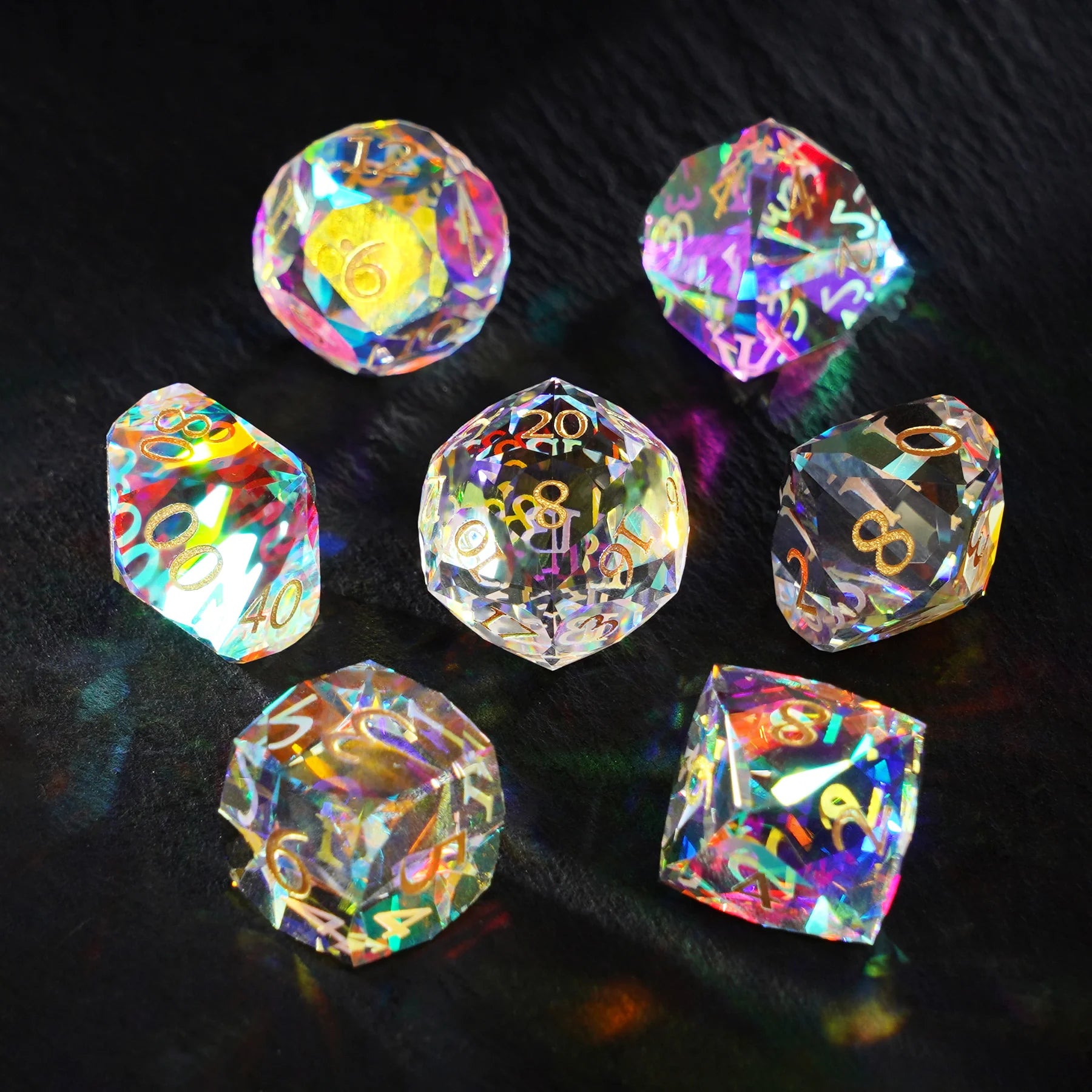 Multi-faceted Prism Glass Engraved Dice Set