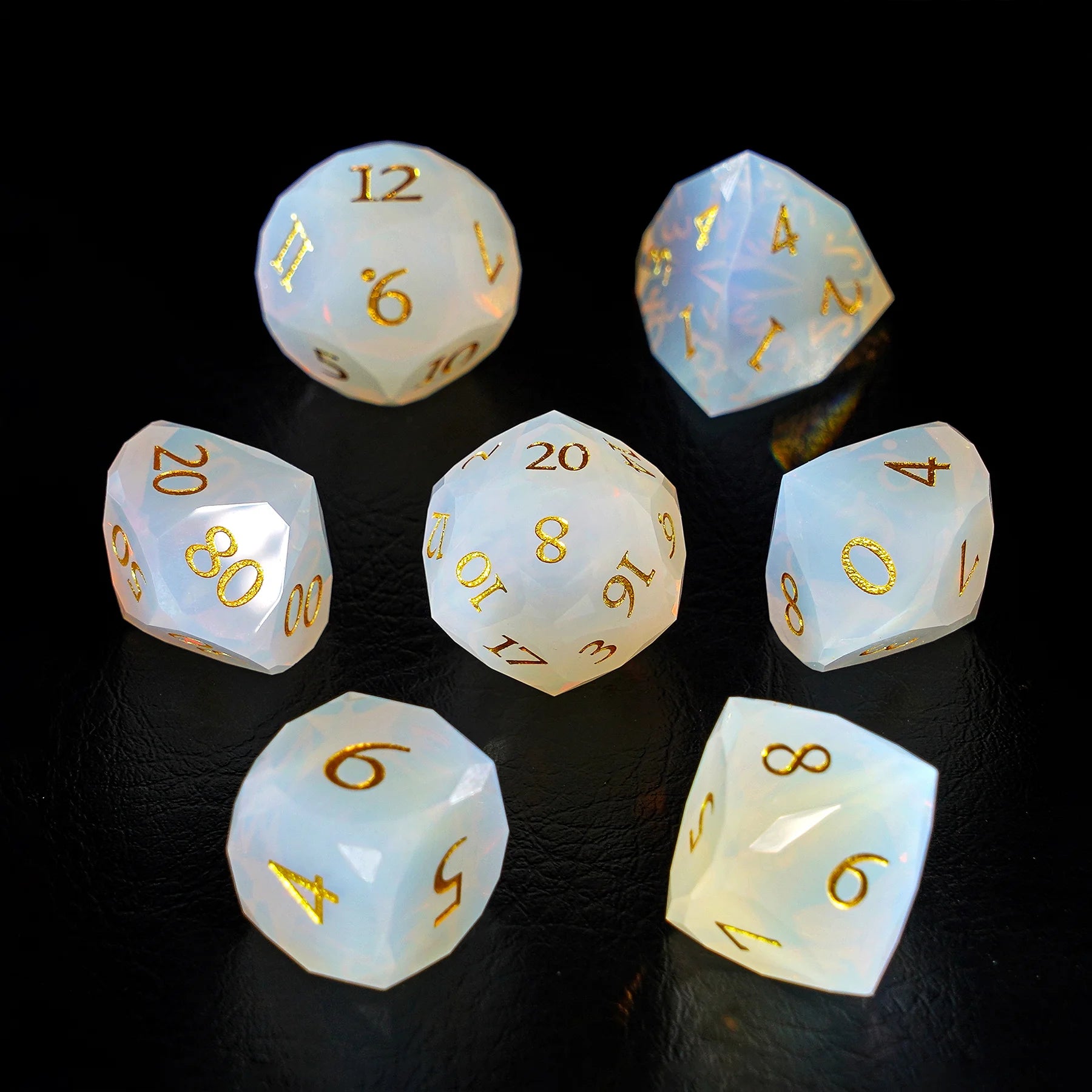 Opal Multi-faceted Prism Glass Engraved Dice Set