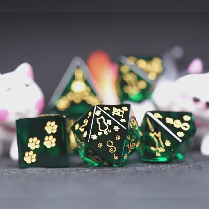 Load video: Aurora’s Forest Stroll · Dark Green Engraved Glass Dice Set