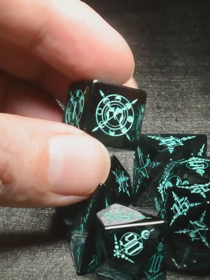 Load video: Moon Magic Sigil Gray Zircon Engraved Glass Dice Set