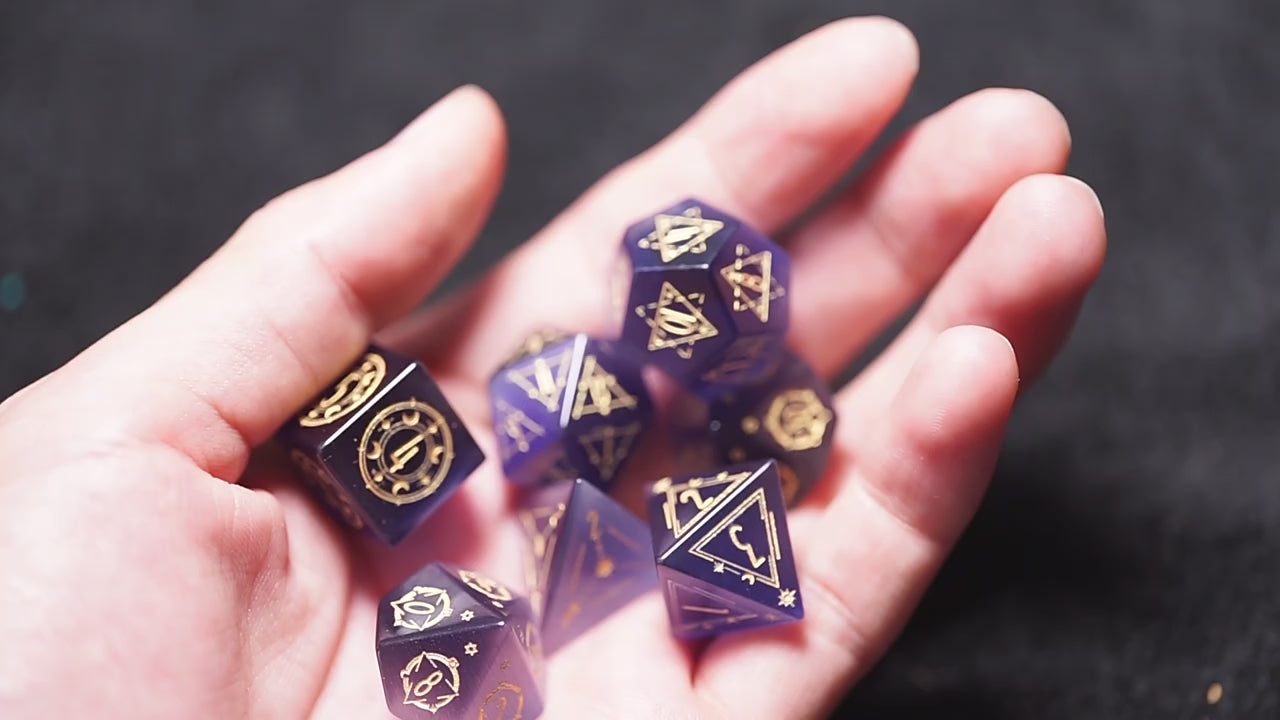 Load video: Celestial Palace · Shadow of the Night · Purple Cat’s Eye Dice Set