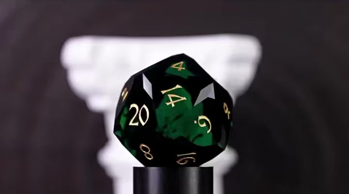 Load video: Deep Green Multi-faceted Prism Glass Engraved Dice Set